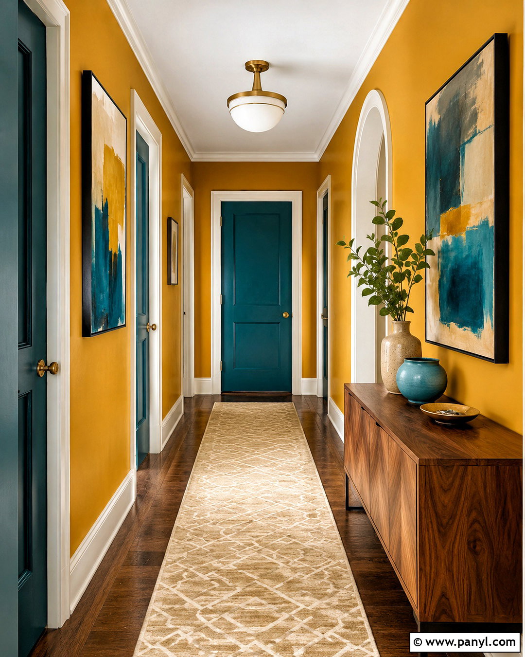 Mustard Hallway With Teal Doors - 20 mustard hallway ideas