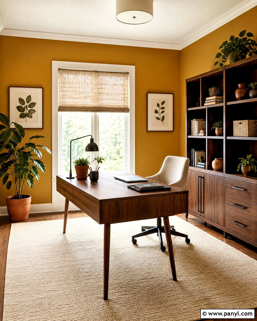 Mustard Home Office Walls With Dark Wood - 20 mustard paint color walls