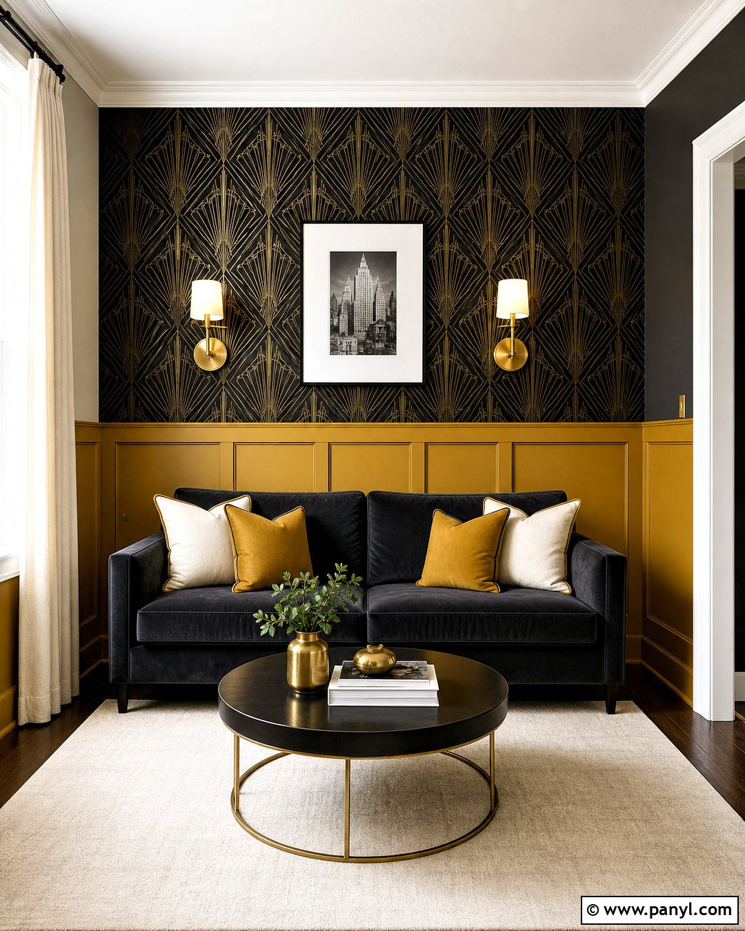 Mustard Paneling With Art Deco Wallpaper - 20 half wallpaper half paneling ideas