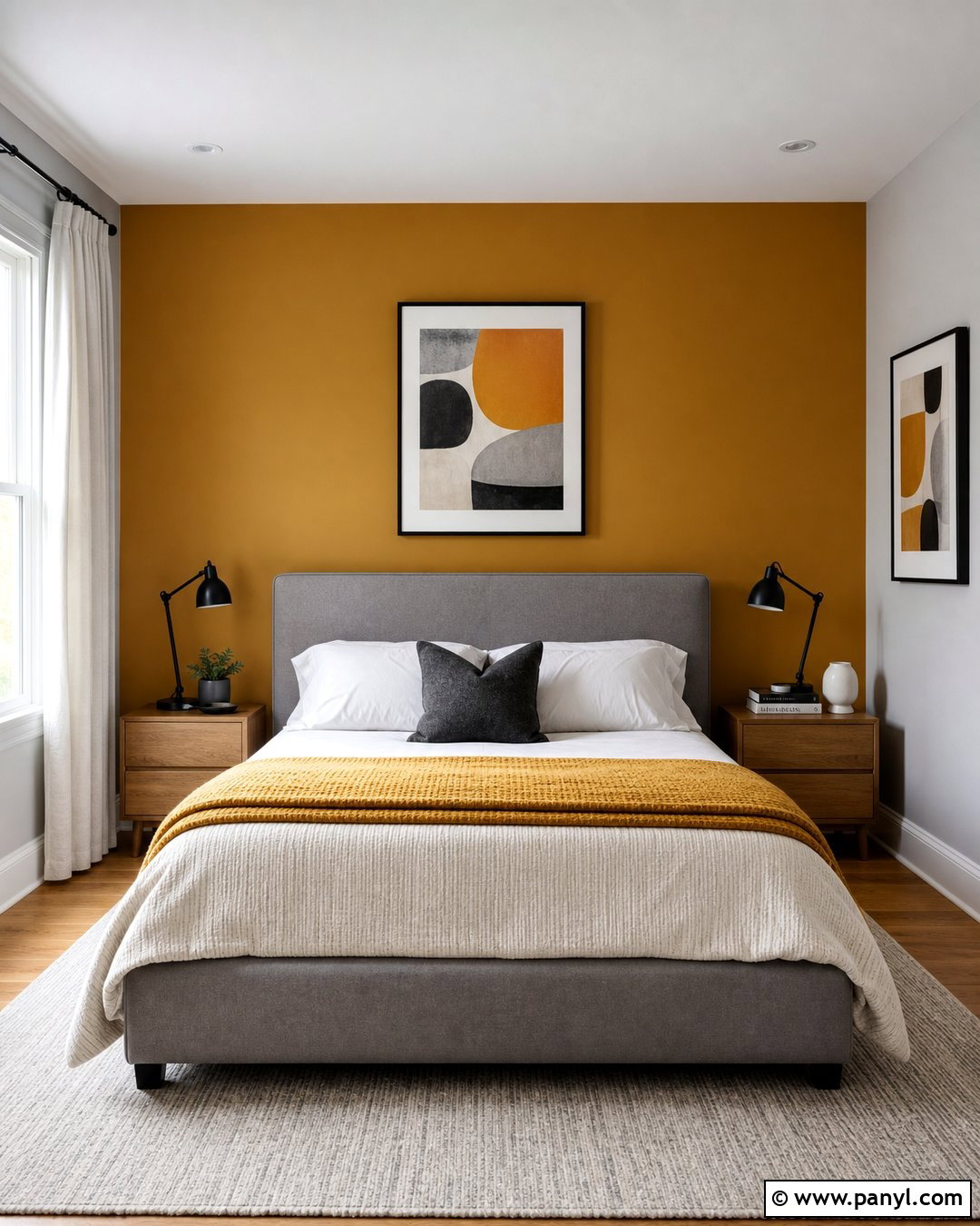Mustard Wall Behind A Grey Guest Bed - 20 Mustard And Grey Walls