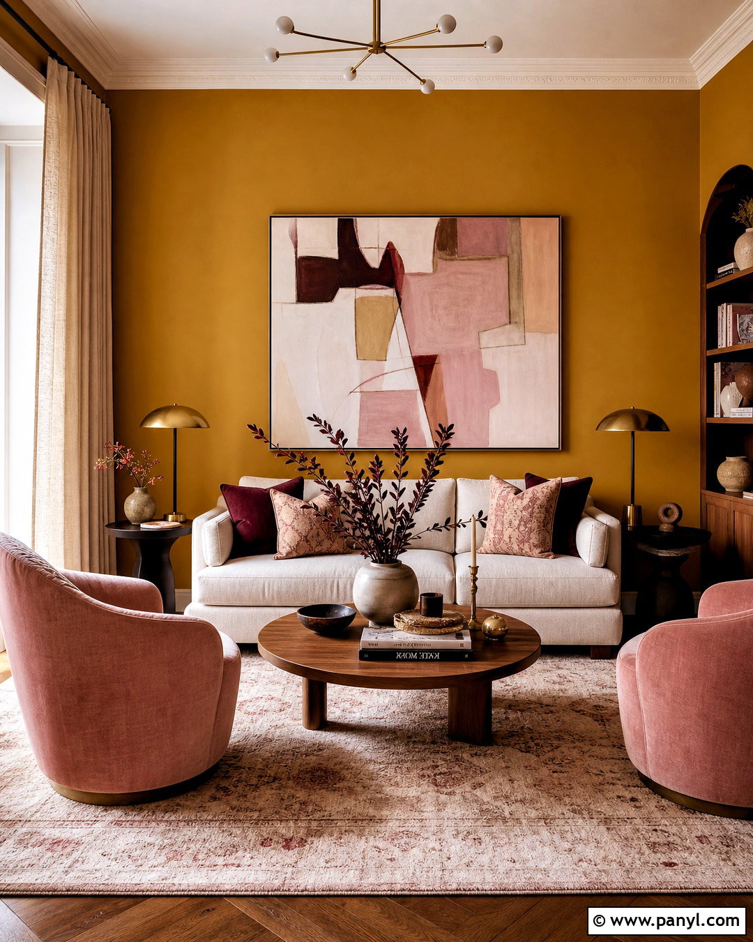 Mustard Walls With Blush Pink Decor - 20 mustard walls living room ideas