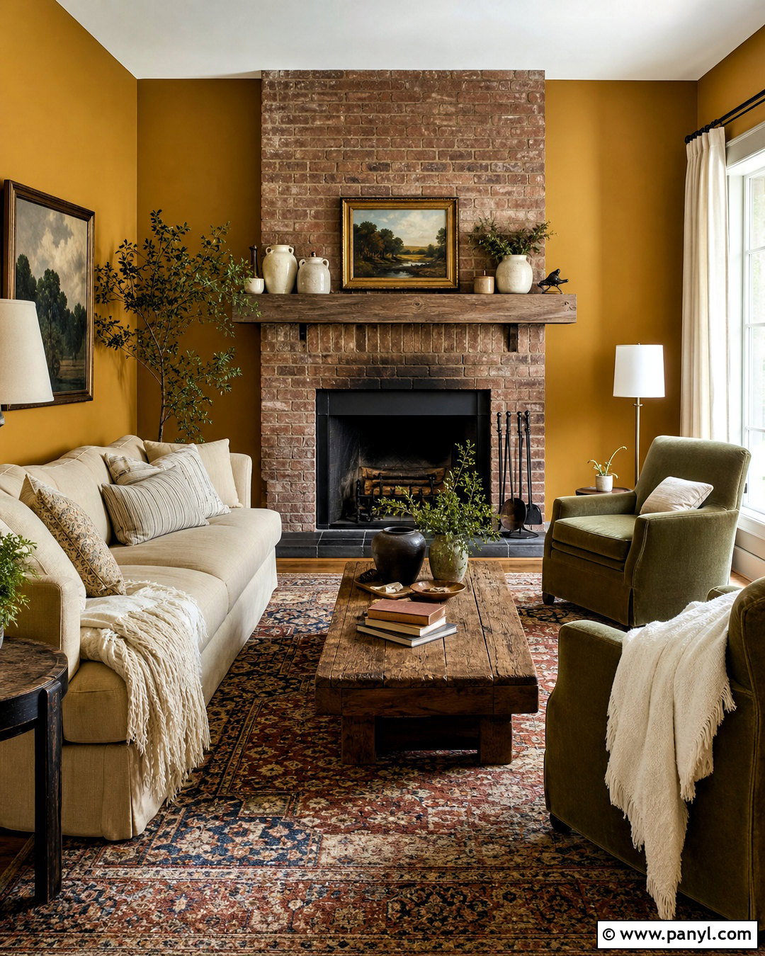 Mustard Walls With Brick Fireplace - 20 mustard walls living room ideas
