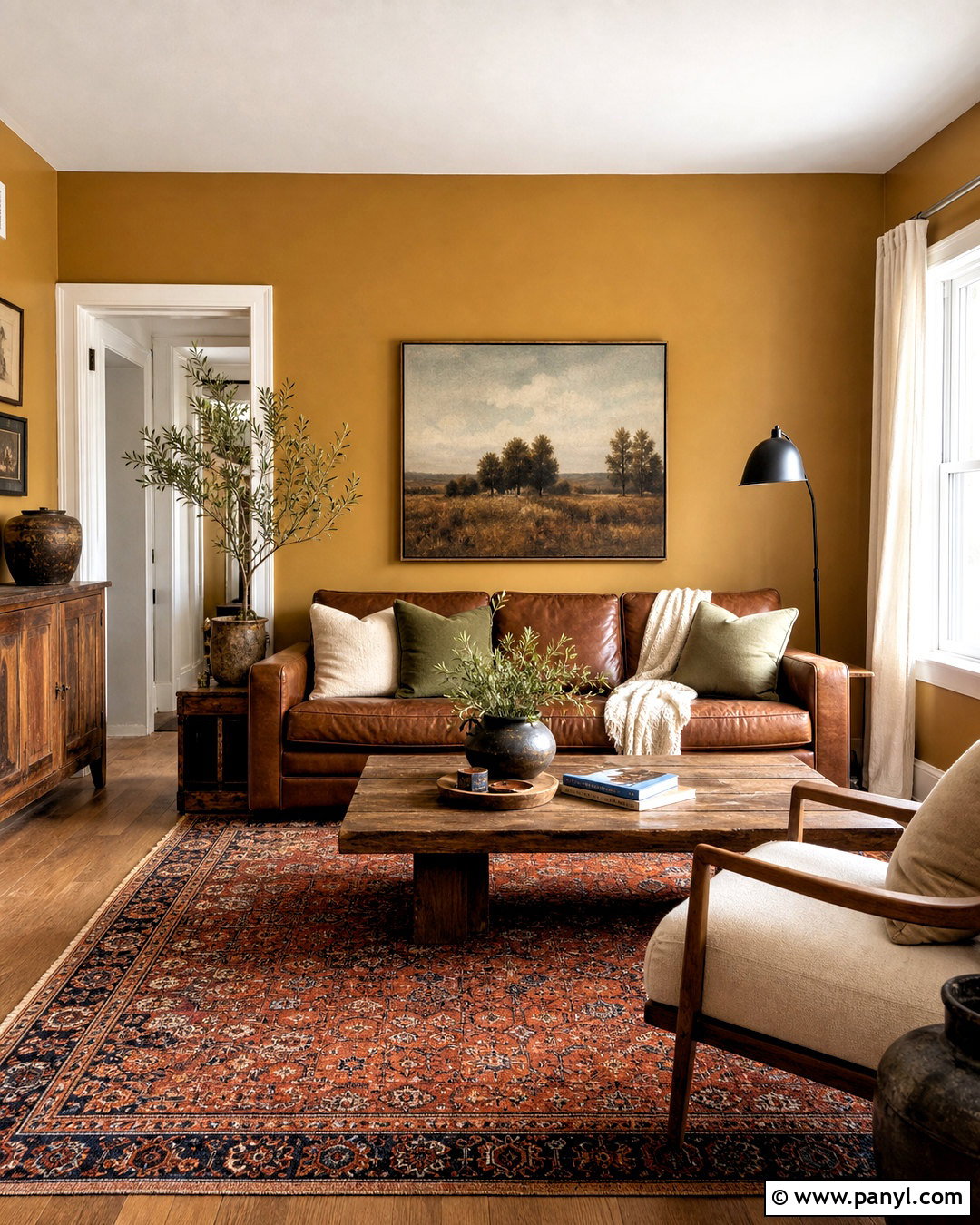Mustard Walls With Brown Leather Sofa - 20 mustard walls living room ideas