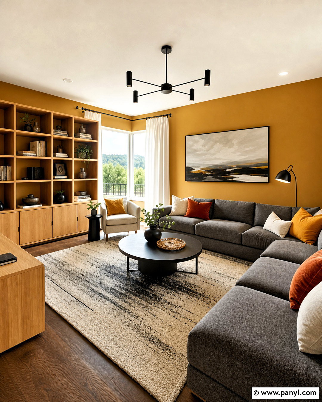 Mustard Walls With Gray Sectional - 20 mustard walls living room ideas