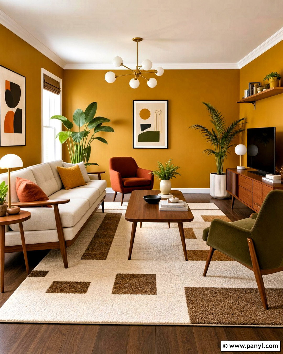 Mustard Walls With Mid-Century Furniture - 20 mustard walls living room ideas