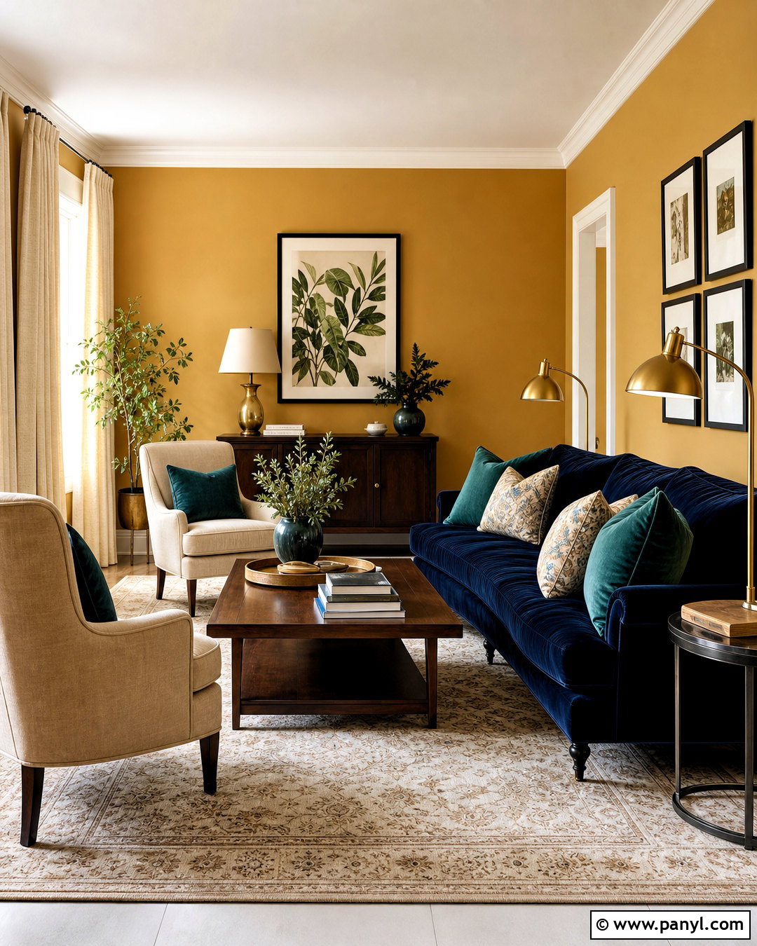 Mustard Walls With Navy Sofa - 20 mustard walls living room ideas