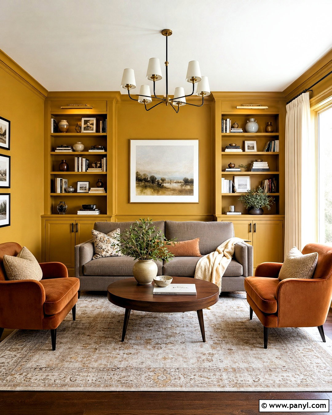 Mustard Walls With Painted Built-Ins - 20 mustard walls living room ideas