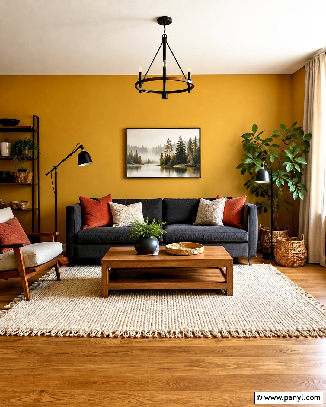 Mustard Yellow Accent Wall With Gray Sofa - 20 cozy living room with yellow accent wall ideas