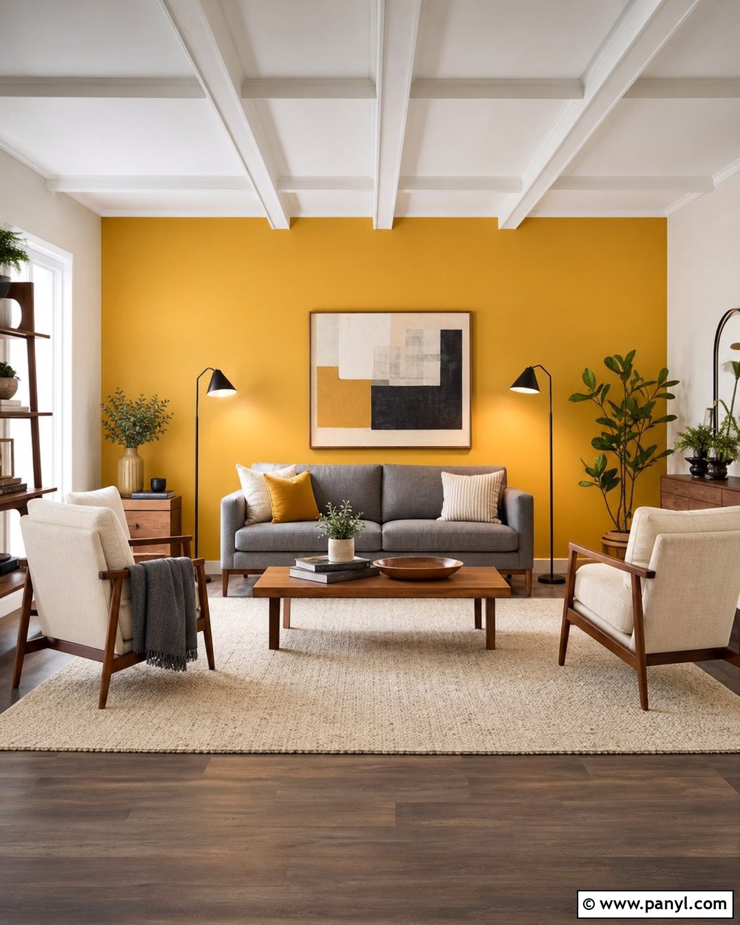 Mustard Yellow Accent Wall With Gray Sofa - 25 Yellow Accent Wall Living Room Ideas