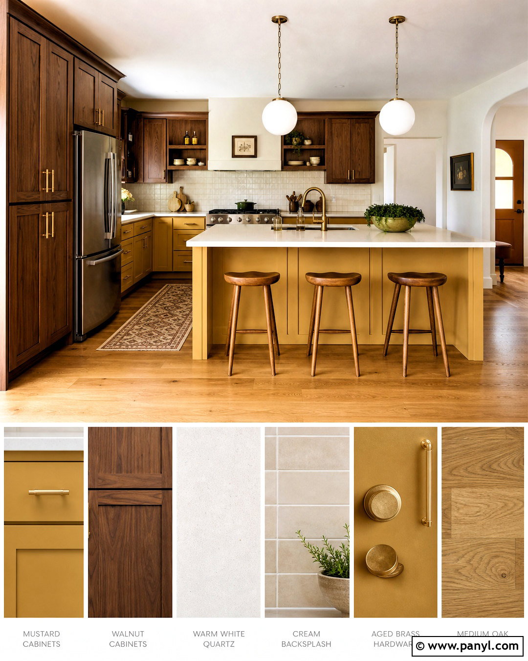 Mustard Yellow And Walnut Kitchen Palette - 20 kitchen colour palettes