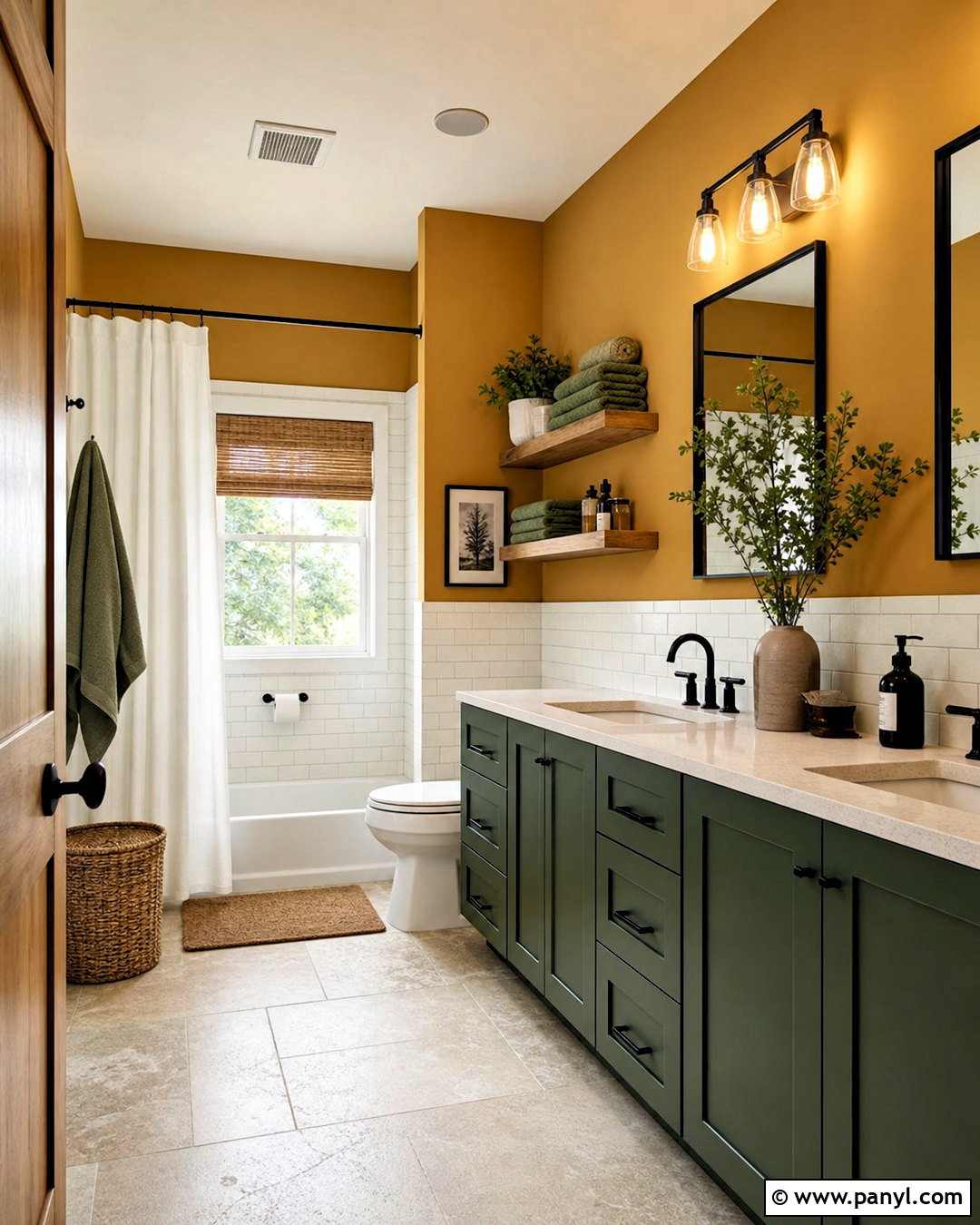 Mustard Yellow Bathroom With Forest Green Vanity - 20 green and yellow bathroom ideas