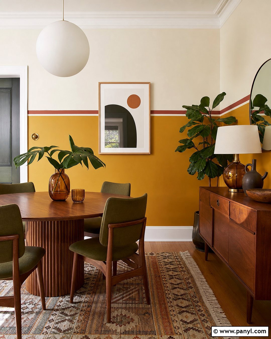 Mustard Yellow Dining Room Color Blocking - 30 retro wall paint ideas