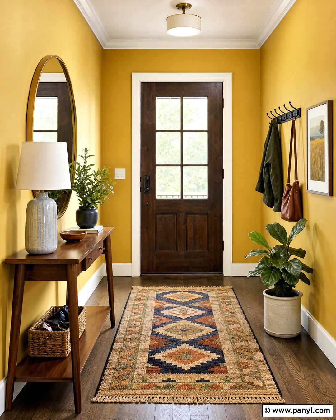 Mustard Yellow Entryway Walls With Wood Console - 20 mustard yellow walls