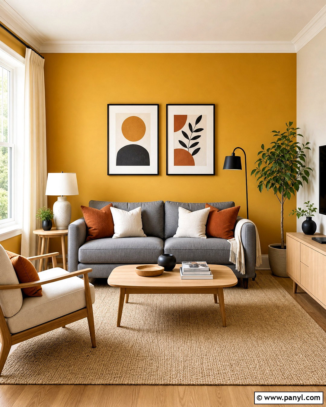 Mustard Yellow Feature Wall With Gray Sofa - 20 yellow feature wall living room ideas