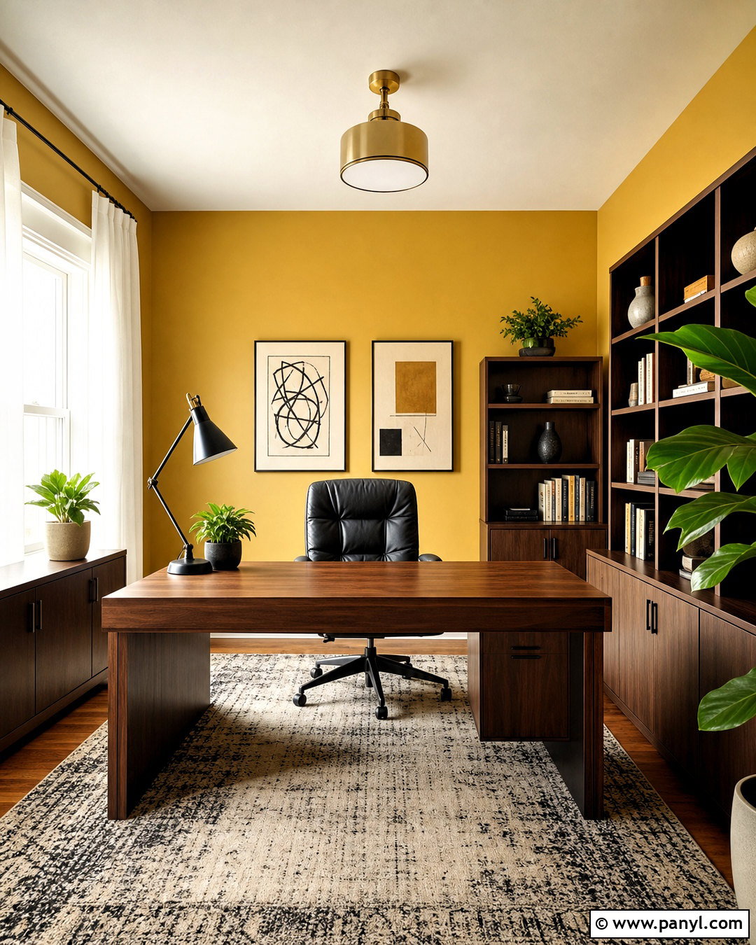 Mustard Yellow Home Office Walls With Walnut Desk - 20 mustard yellow walls