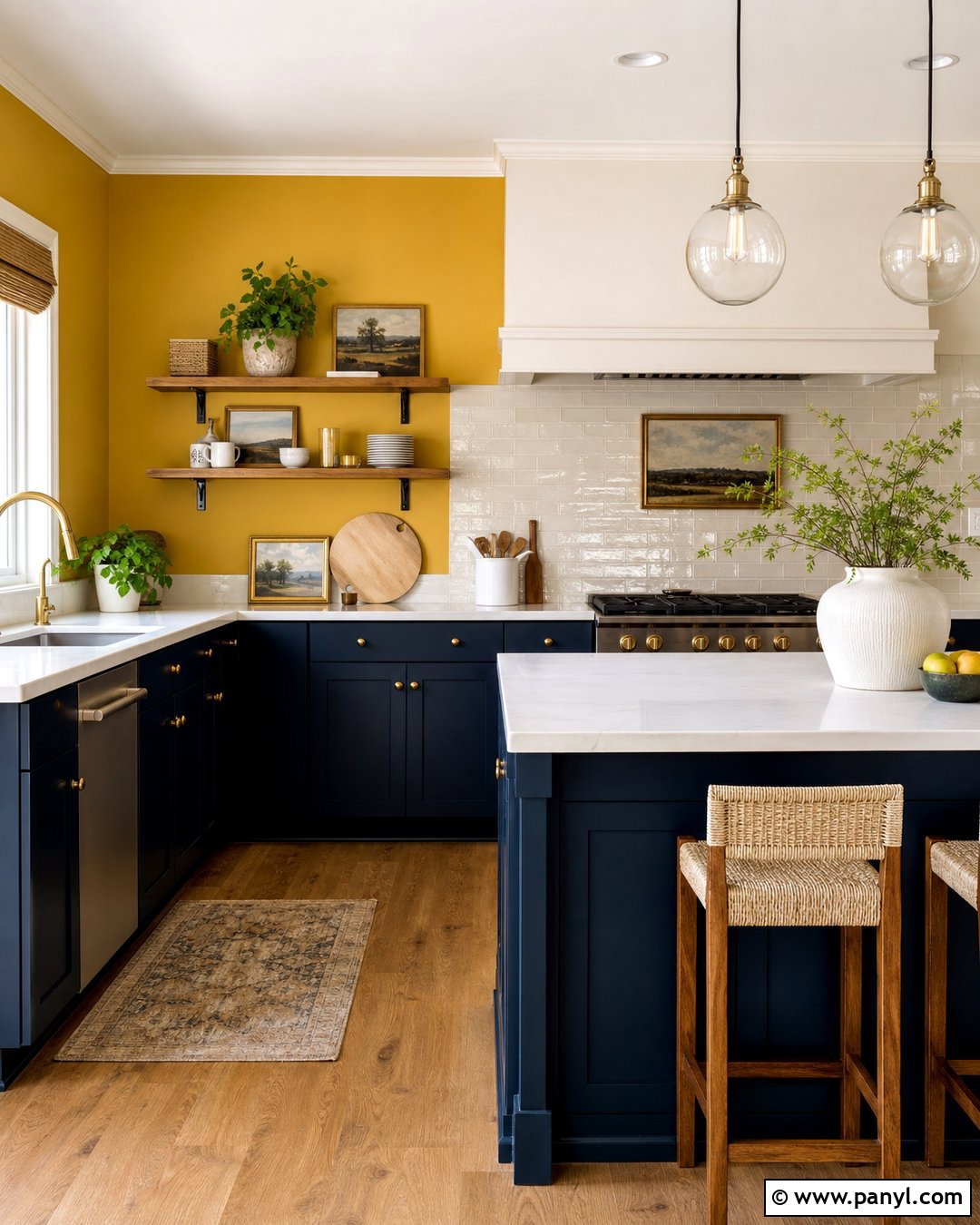 Mustard Yellow Kitchen Walls With Navy Cabinets - 30 Yellow Wall Kitchen Ideas