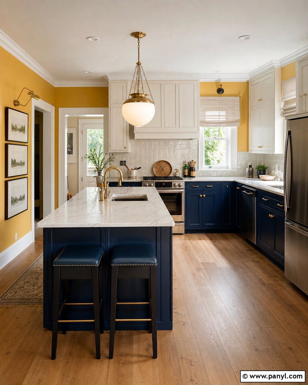 Mustard Yellow Kitchen Walls With Navy Cabinets - 45 Yellow Kitchen Walls