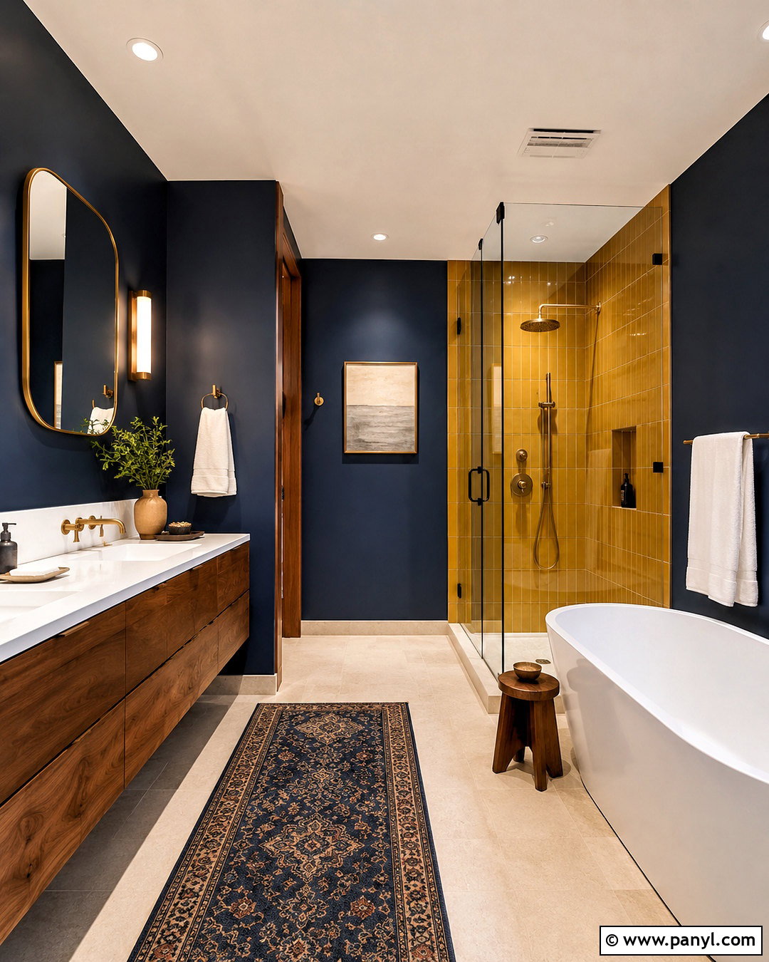 Mustard Yellow Tile With Deep Blue Walls - 20 blue and yellow bathroom ideas