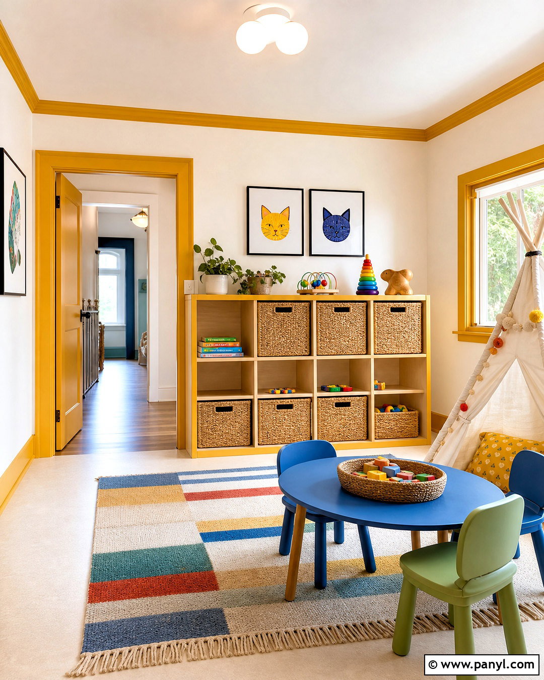 Mustard Yellow Trim In A Playroom - 20 painted baseboards and trim ideas