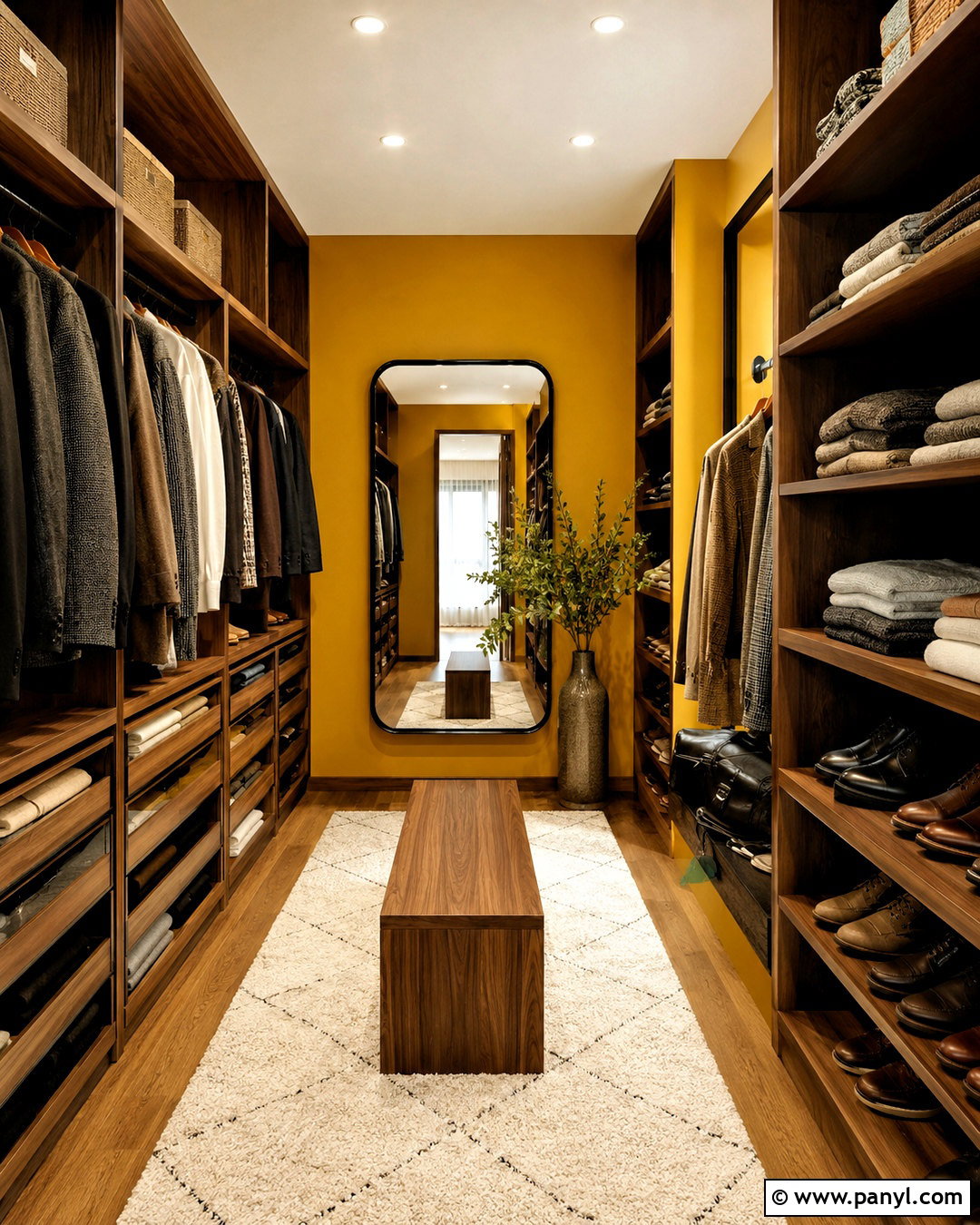 Mustard Yellow Walk-In Closet - 20 Yellow Wall Closet Space Ideas