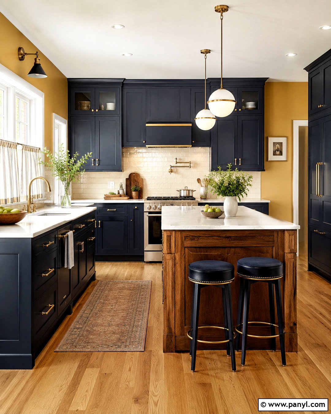 Mustard Yellow Wall Kitchen With Navy Cabinets - 20 Yellow Wall Kitchen Style Ideas