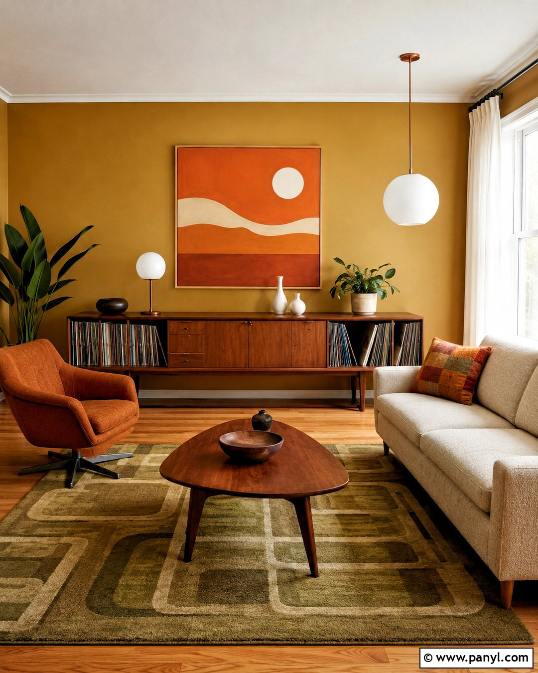Mustard Yellow Wall Midcentury Living Room - 20 Yellow Wall Vintage Style Ideas