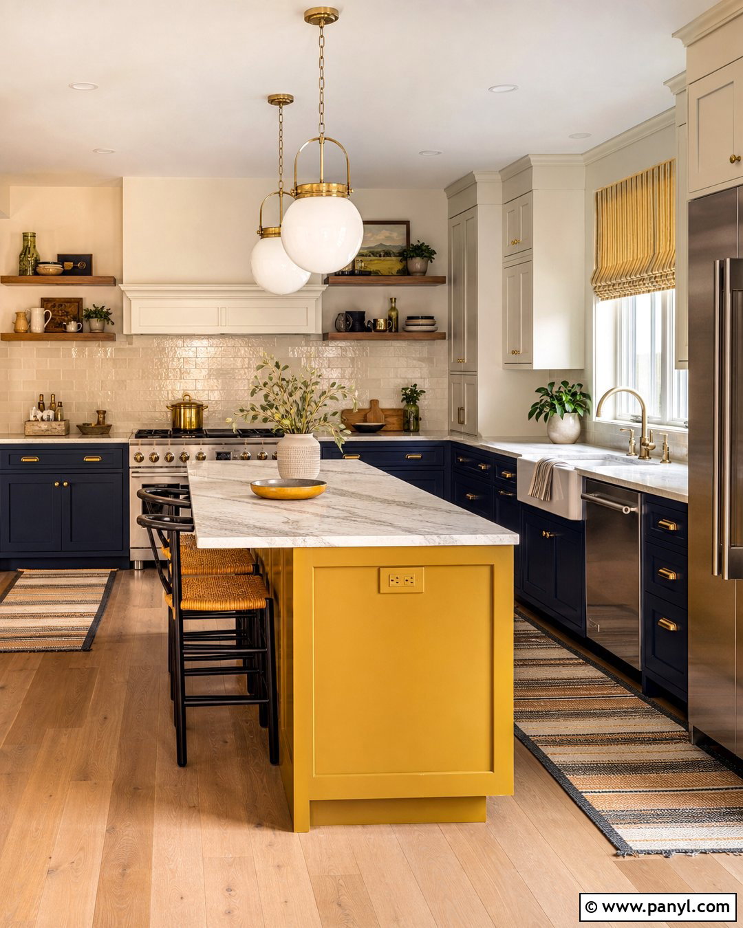 Mustard Yellow Walls With Navy Cabinets - 30 Yellow Walls Kitchen Ideas