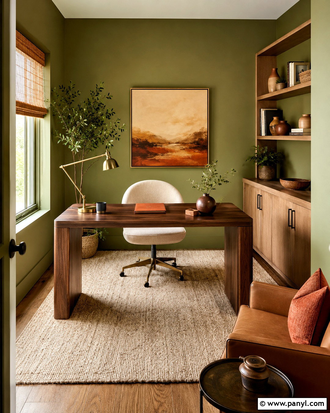 Muted Avocado Green Home Office Walls - 20 Warm Green Wall Color Ideas