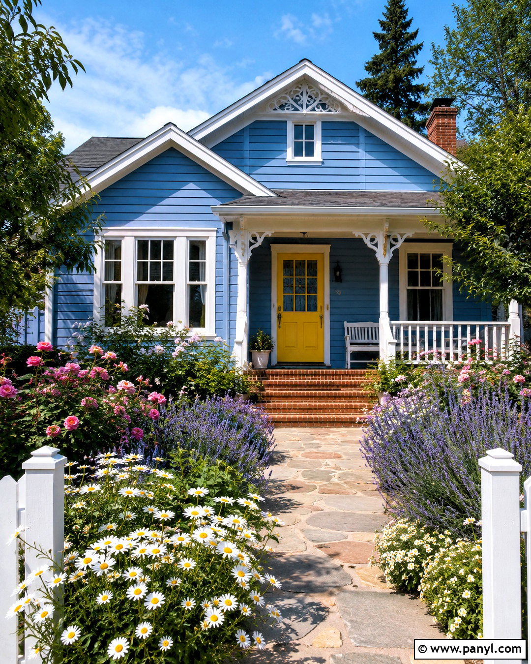 Muted Blue Cottage With White Trim And Yellow Door - 20 blue house white trim ideas