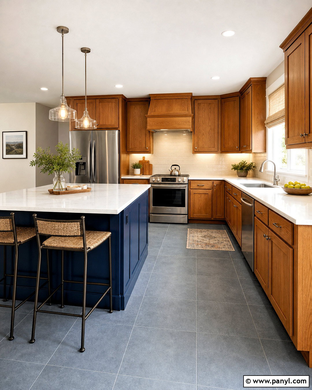 Muted Blue Gray Tile Flooring - 20 honey oak cabinets flooring ideas