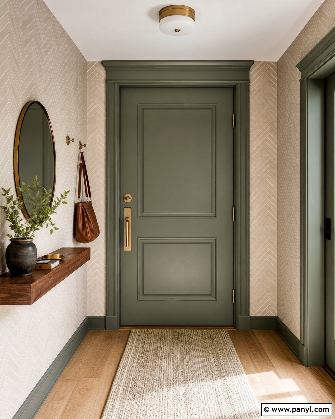 Muted Green Door With Herringbone Wall - 20 Green Door With Patterned Wall Ideas