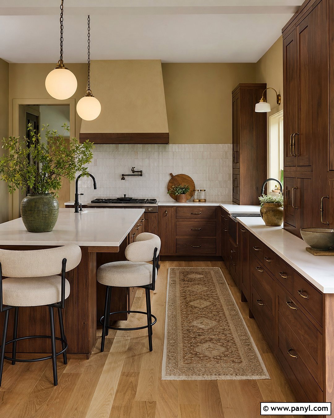Muted Mustard Kitchen Walls With Dark Wood Cabinets - 25 Kitchen Wall Color With Natural Wood Cabinet Ideas
