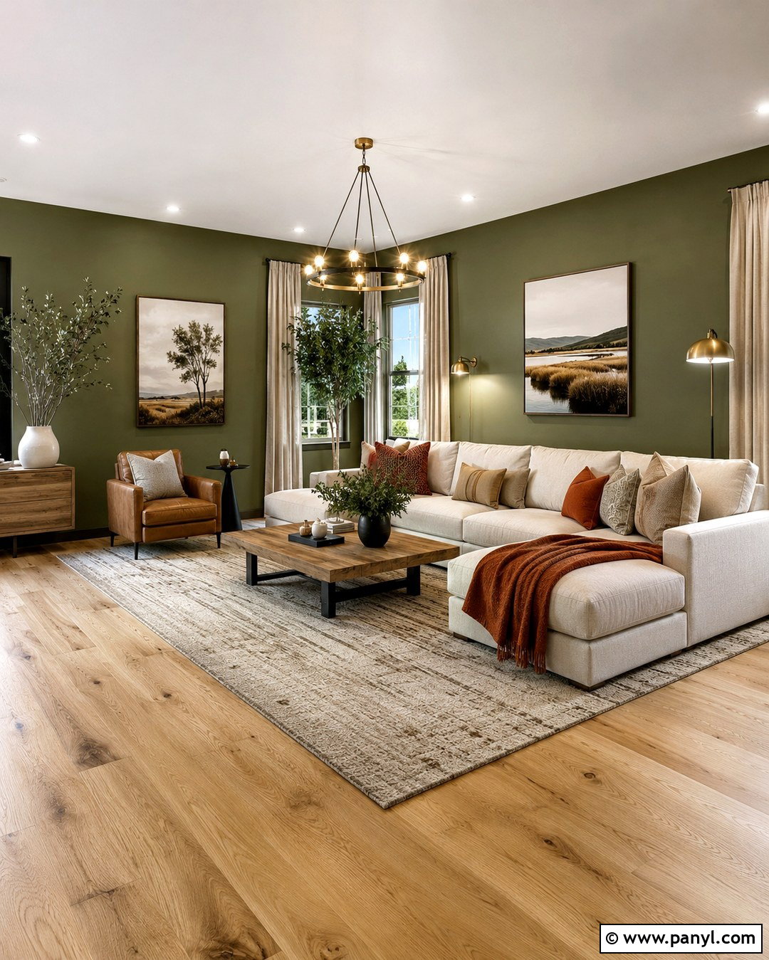 Muted Olive Walls With Natural Oak Floors - 20 Wood Floor Wall Paint Color Ideas