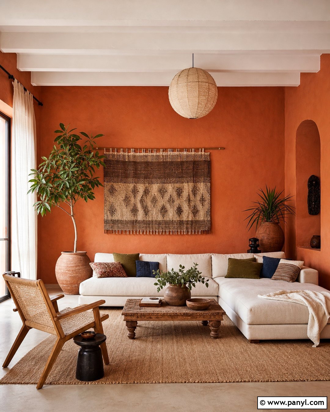 Muted Orange Boho Living Room - 30 Orange Wall Color Ideas