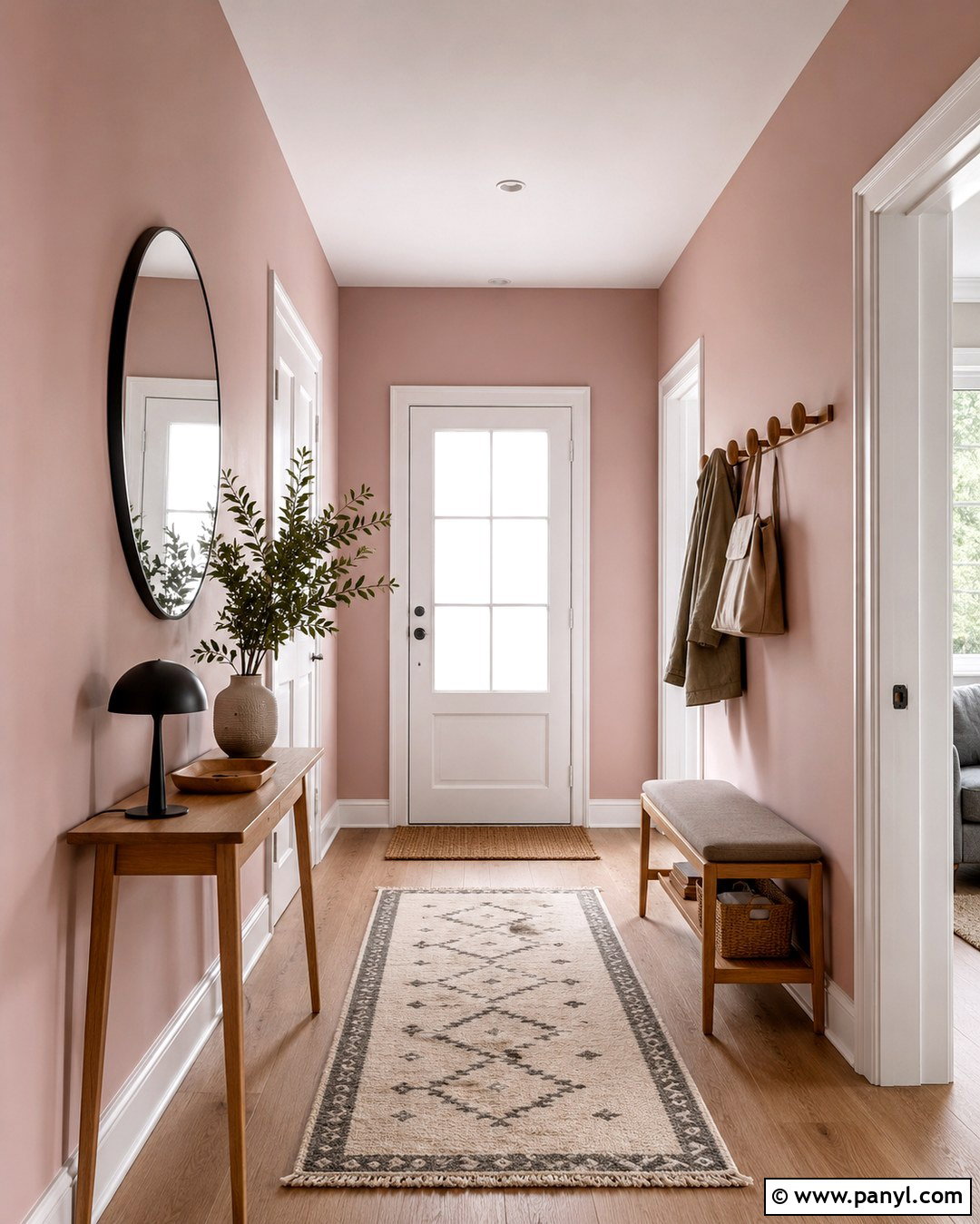 Muted Pink Entryway With Natural Wood - 20 Muted Pink Wall Paint Ideas