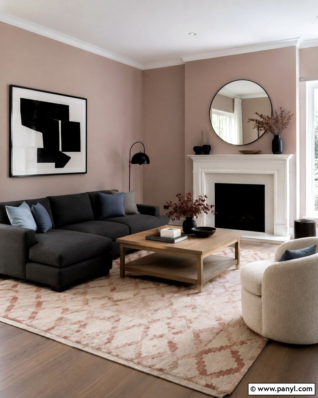 Muted Pink Living Room With Charcoal Gray - 20 Muted Pink Wall Paint Ideas
