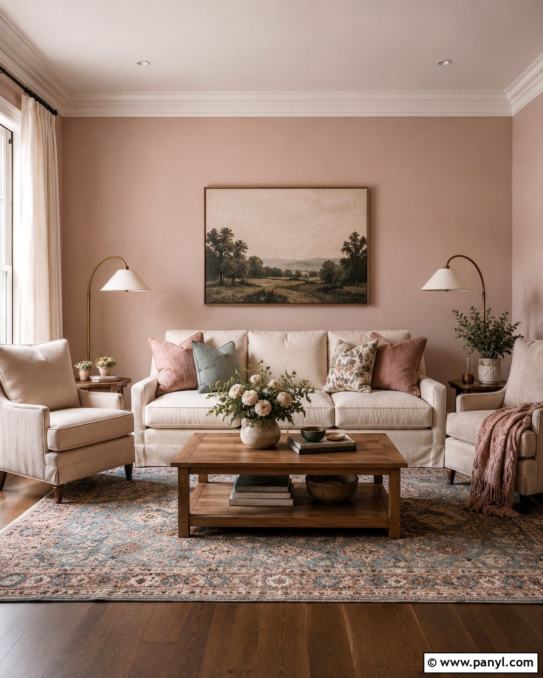 Muted Pink Living Room With Cream Sofa - 20 Muted Pink Wall Paint Ideas