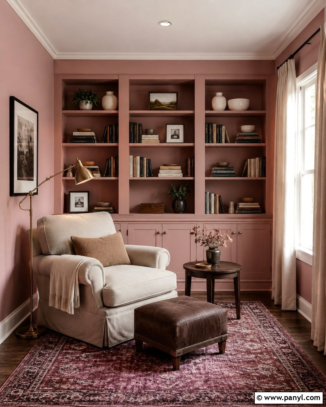 Muted Pink Reading Nook With Built-Ins - 20 Muted Pink Wall Paint Ideas