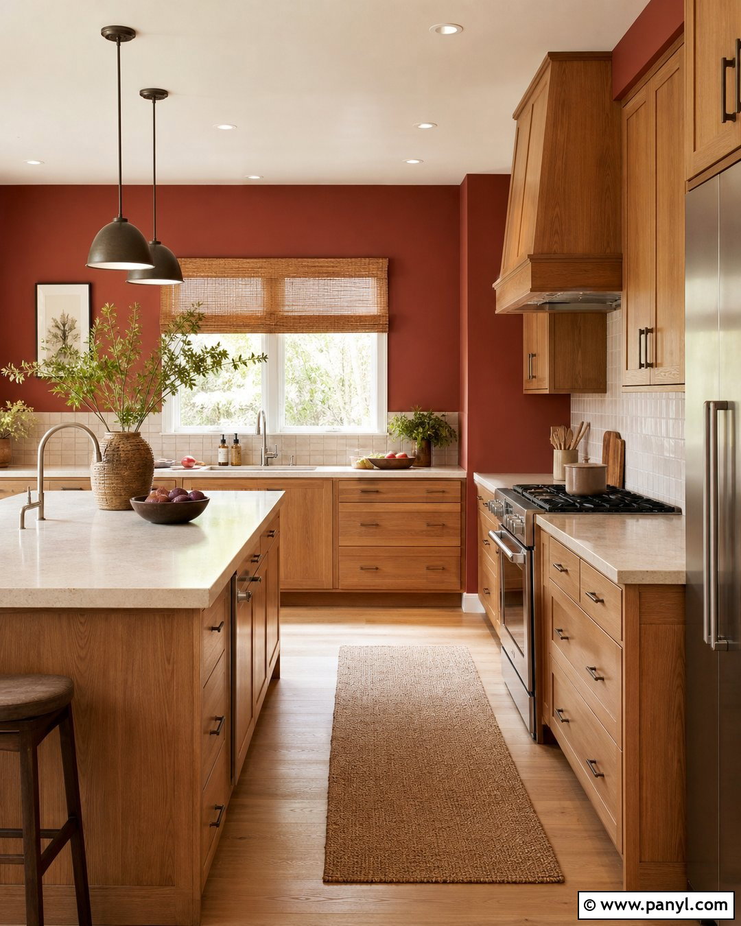 Muted Red Kitchen Walls With Oak Cabinets - 35 red kitchen walls
