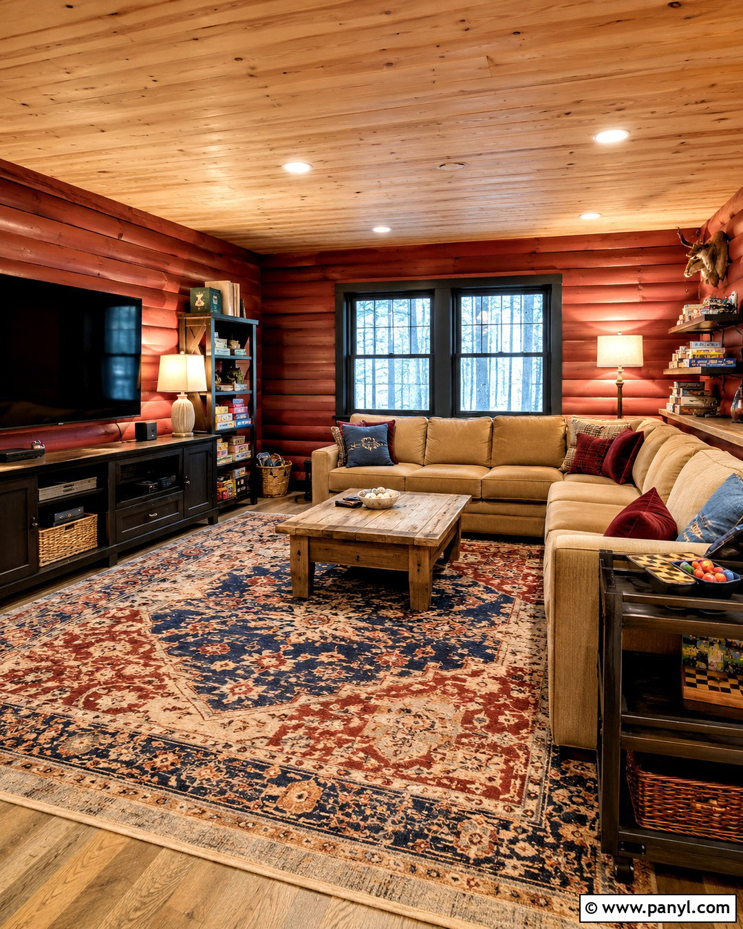 Muted Red Painted Log Game Room - 20 painted log home interior ideas