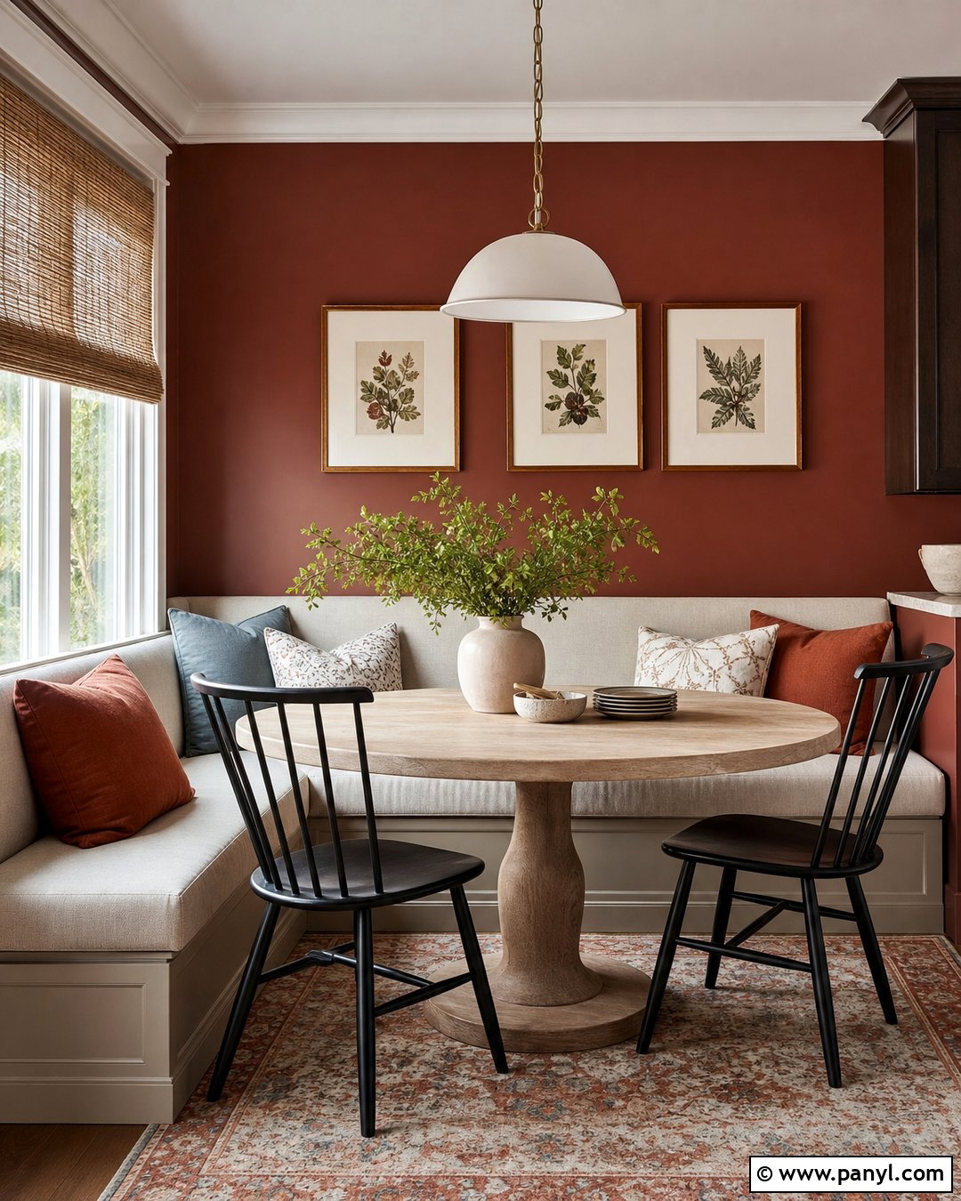 Muted Red Wall Breakfast Nook - 20 Red Wall Home Interior Ideas