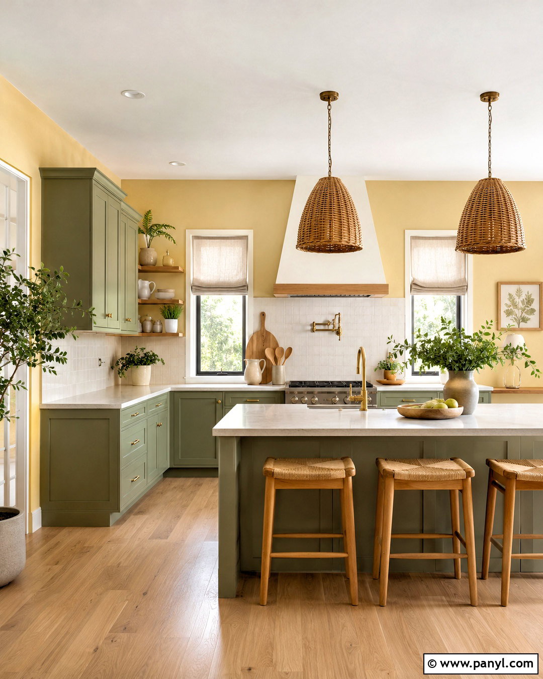 Muted Yellow Walls With Eucalyptus Green Cabinets - 20 Yellow Wall Green Cabinets