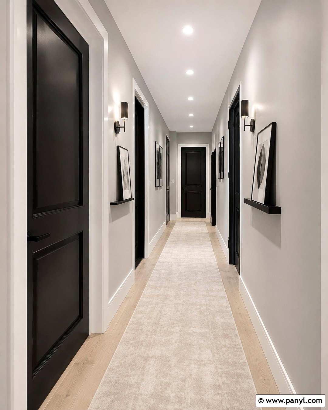 Narrow Gray Hallway With Black Doors - 20 Black Door Grey Walls