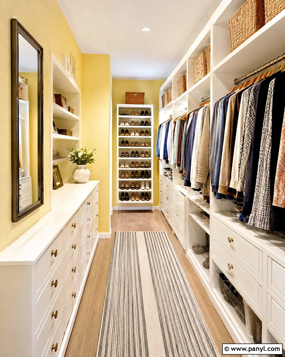 Narrow Yellow Walk-In Closet - 20 Yellow Wall Closet Space Ideas