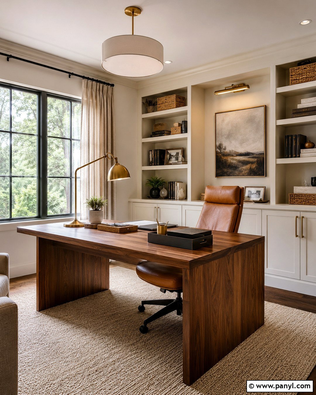 Natural Cream Home Office With Built-In Shelves - 20 Natural Cream Walls