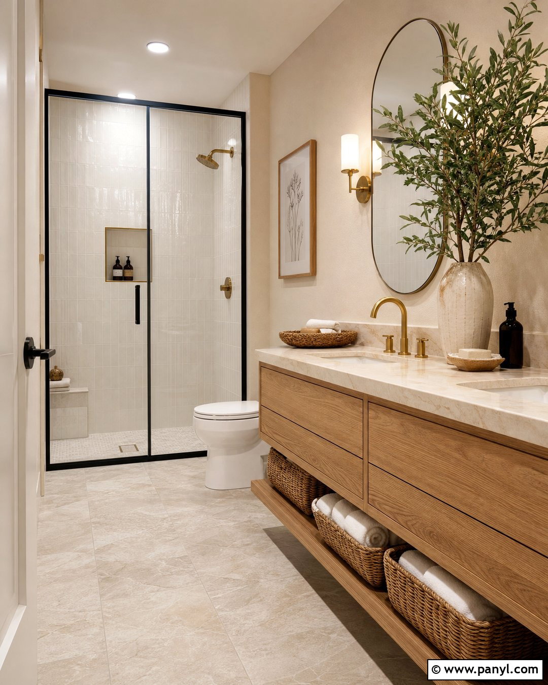 Natural Linen Bathroom With Wood Vanity - 25 Sherman Williams Natural Linen Walls