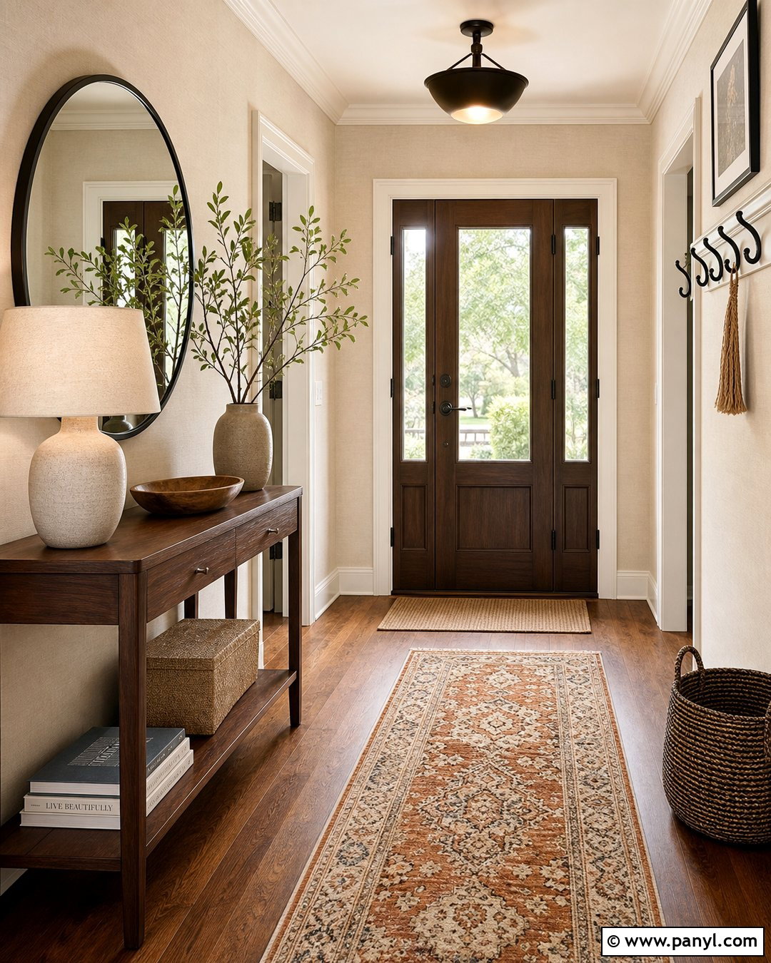Natural Linen Entryway With Wood Console - 25 Sherman Williams Natural Linen Walls