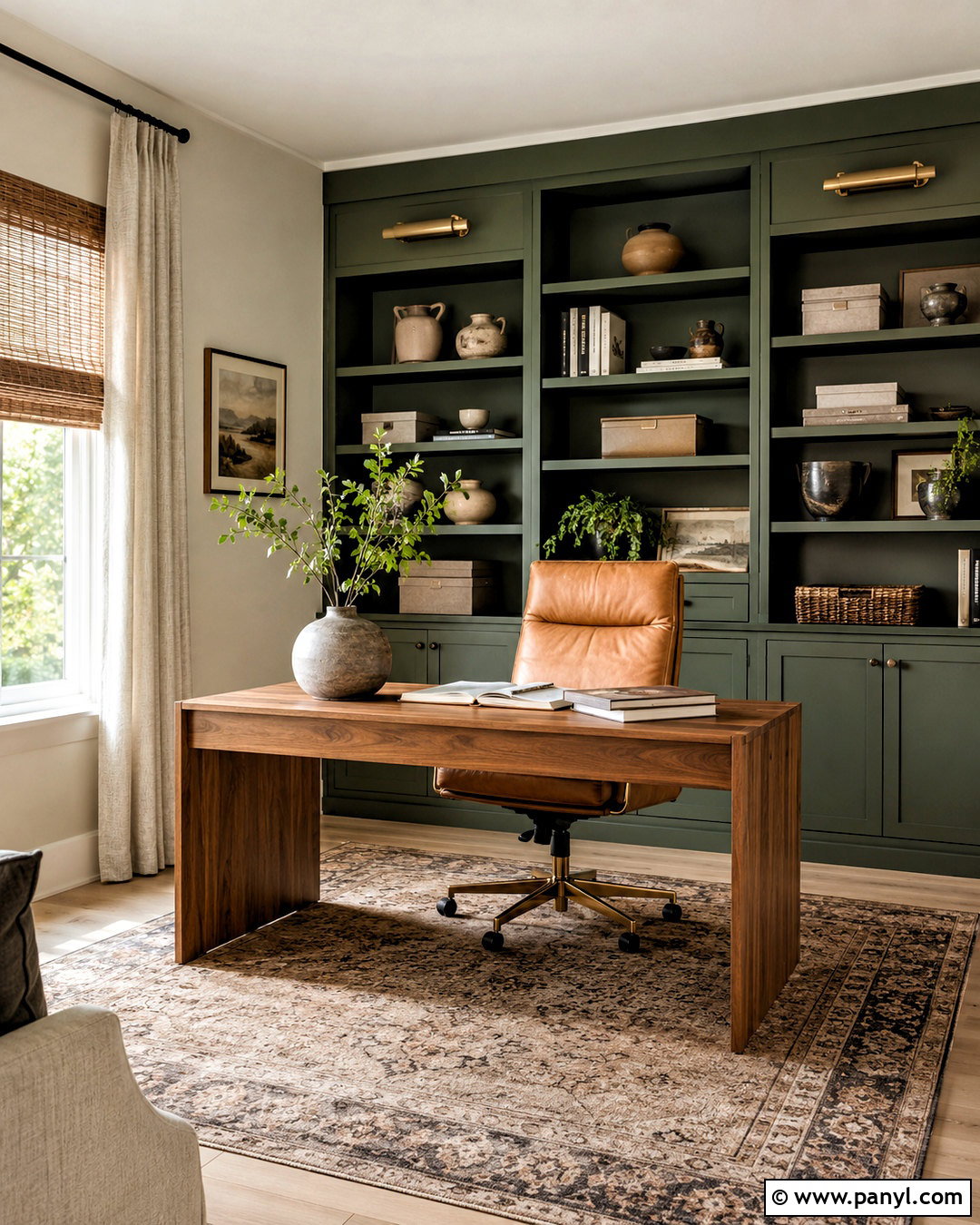 Natural Linen Home Office With Green Built-Ins - 20 natural linen sherwin williams ideas