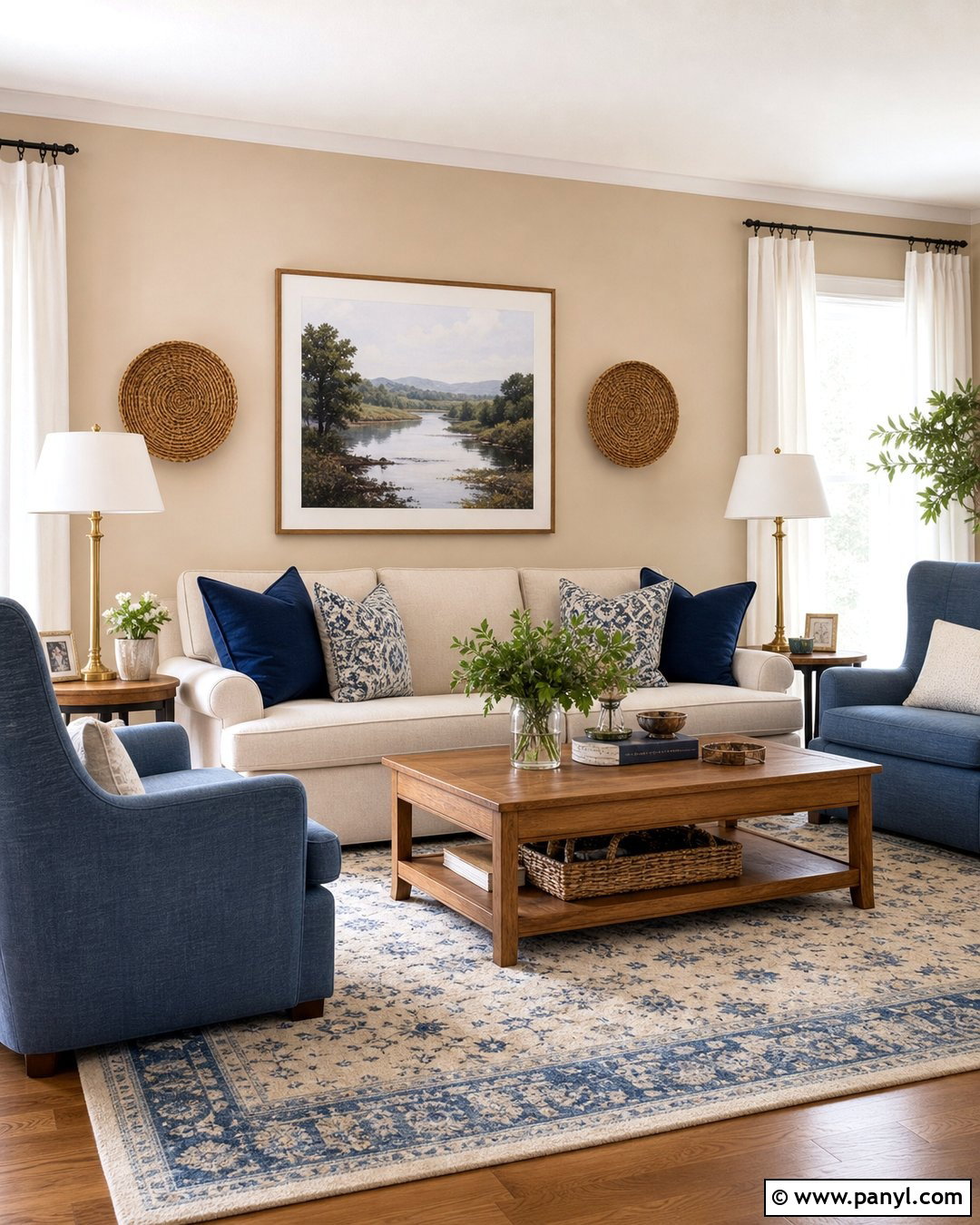 Natural Linen Living Room With Blue Accents - 25 Sherman Williams Natural Linen Walls