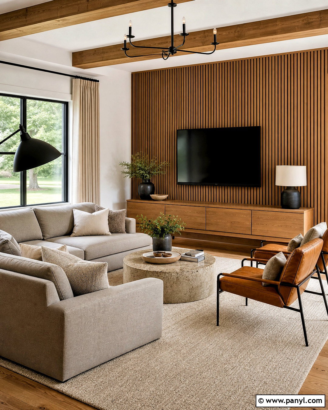 Natural Oak Slat Accent Wall - 20 modern farmhouse accent wall ideas